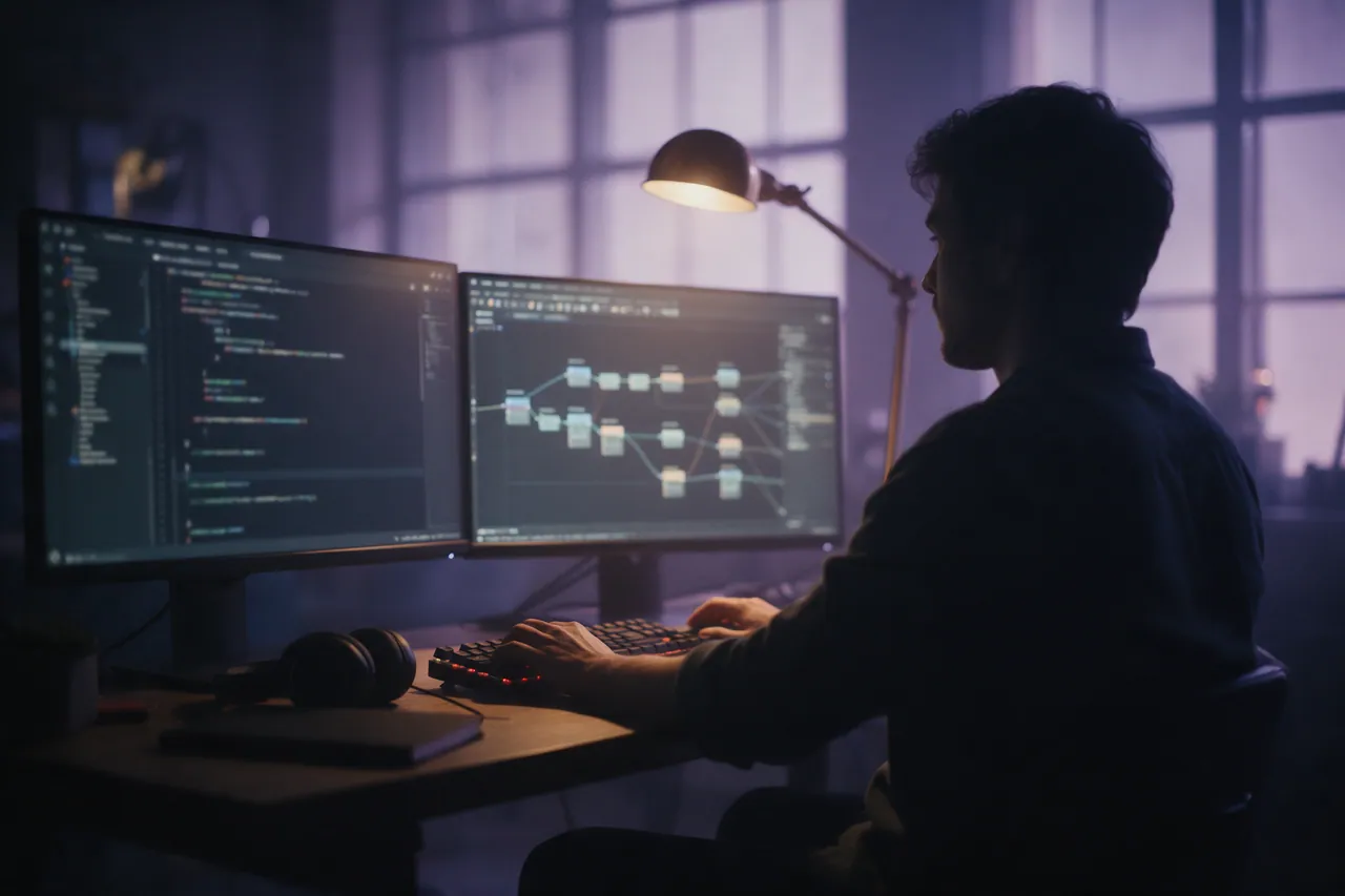 Desarrollador trabajando de noche frente a dos monitores con código y un grafo de nodos