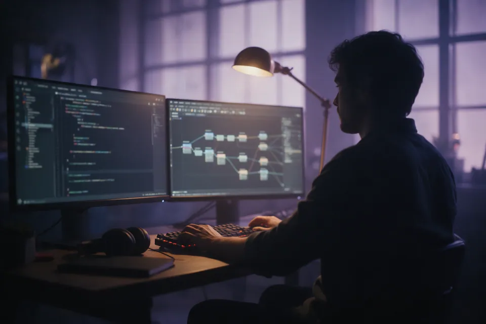 Desarrollador trabajando de noche frente a dos monitores con código y un grafo de nodos